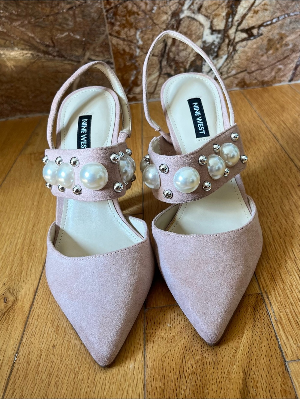 Nine West Blush Pink Pearl-Embellished Pointed Slingback Heels